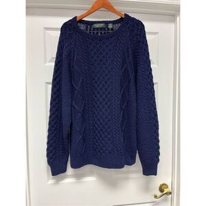 Maine Bay Hand Knit Wool Navy Cable Knit Crew Neck Sweater sz L EUC